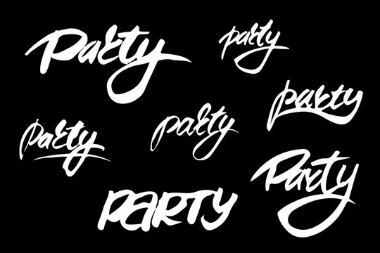Set of different handwritten vector illustrations with word 'Party', brush pen lettering isolated on a dark background