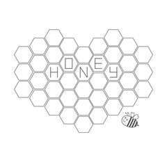 Bee insect animal. Honeycomb set in shape of heart. Beehive element. Honey text icon. Isolated. White background. Flat design.