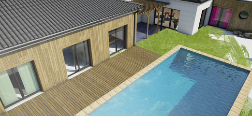 modern house with pool, exterior view, 3d rendering