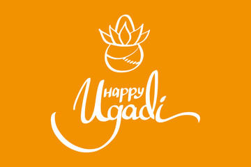 Fototapeta premium Happy Ugadi lettering with Kalash and rangoli on a orange background. Gudi Padwa Hindu new year.