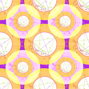 seamless pattern natal astrological chart, zodiac signs on purpl