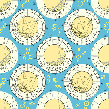 seamless pattern of natal astrological chart, zodiac signs. 