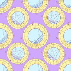 seamless pattern purple natal astrological chart, zodiac signs.