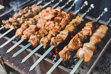 Beef and chicken kebab. Fresh meat at grill, bbq