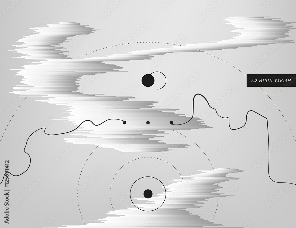 Poster monochrome abstract illustration. glitched metallic structures with flowing ink ribbons and round ge