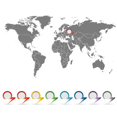 Векторная карта мира с границами государств. Карта мира с набором ярких разноцветных, оригинальных указателей.