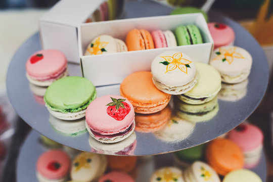 Colorful Macaron Cookies On Bar For Sale