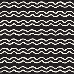 Vector Seamless Black and White Hand Drawn Wavy Stripes Pattern