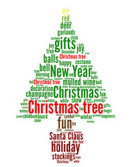 Christmas tree word cloud concept in shape of fir on white background. Vector.