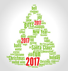 2017 word cloud concept in shape of Christmas tree on gradient background. Vector.