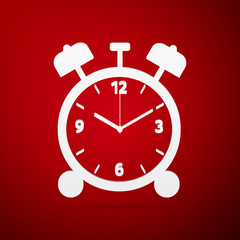 Alarm clock flat icon on red background. Vector Illustration