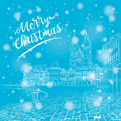 Christmas card. Vintage sketch of the urban landscape. The old city of Prague. Vector illustration