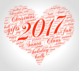 Year 2017 word cloud concept in shape of decorated Christmas tree on gradient background. Vector.
