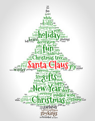 Obraz na płótnie Canvas Santa Claus word cloud concept in shape of Christmas tree on gradient background. Vector.