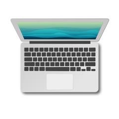 Laptop top view with shadow isolated on white background vector illustration. Modern laptop as seen from above. Material flat design.
