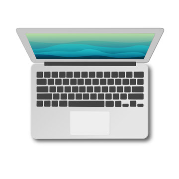 Laptop Top View With Shadow Isolated On White Background Vector Illustration. Modern Laptop As Seen From Above. Material Flat Design.