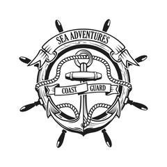 Sea adventures. Coast guard. Anchor with rope and ribbons on background with steering wheel. Ship helm. Design element for logo, label, emblem, sign, t-short print, sign. Vector illustration.