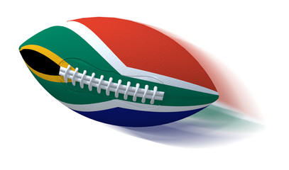 South African flag on rugby ball with motion blur on White