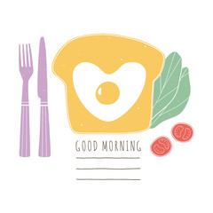 Egg-in-a-hole. Fried egg in a bread. Vector hand drawn good morning illustration. Kitchen design