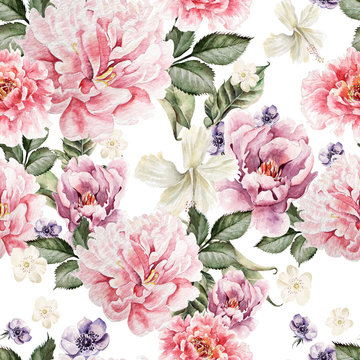 Watercolor colorful pattern with flowers peony, anemone. illustrations