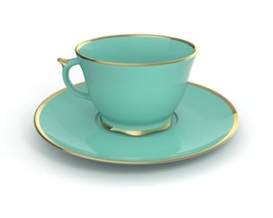 Isolated antique porcelain cup with gold on white background. 3D Illustration.