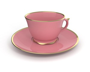 Isolated antique porcelain cup with gold on white background. 3D Illustration.