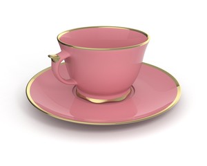 Isolated antique porcelain cup with gold on white background. 3D Illustration.