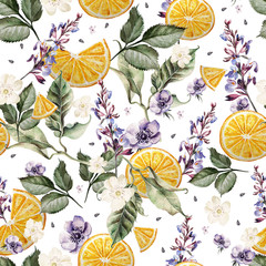 Fototapety  Kolorowy wzór akwareli z kwiatami lawendy, zawilcami i pomarańczowymi owocami. Ilustracje.