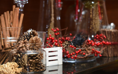 Christmas background with baubles and natural scenery, shallow d