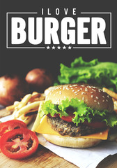 Grilled beef hamburger with vegetables on wood table, over light and film tone [blur and select...