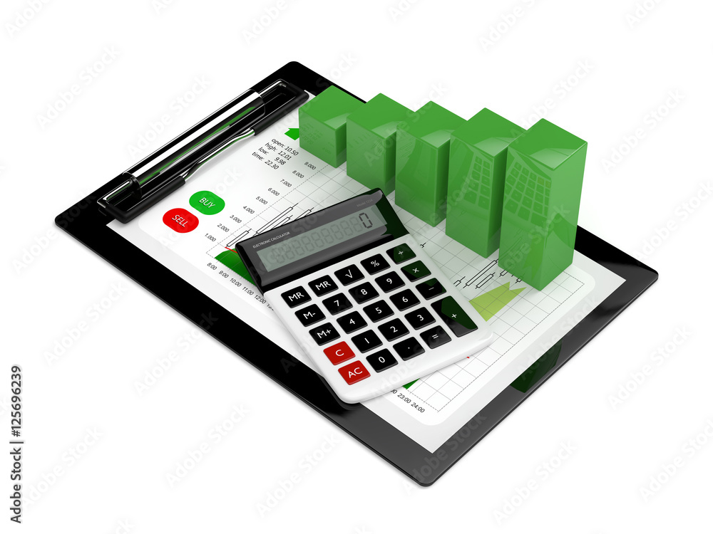 Aufkleber 3d rendering of chart growth with calculator and clipboard