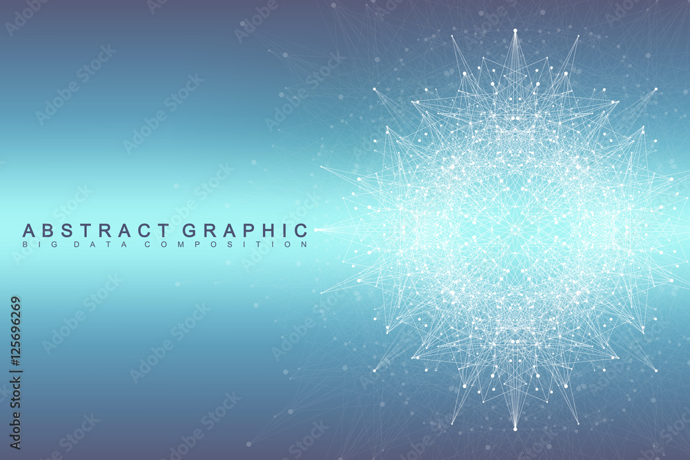 Poster Graphic abstract background communication. Big data complex. Perspective backdrop of depth. Minimal array with compounds lines and dots. Digital data visualization. Big data vector illustration.