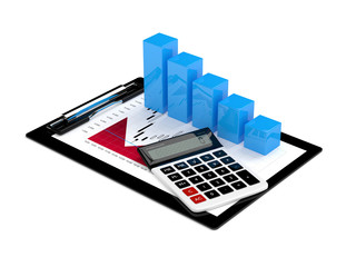 3d rendering of falling chart with calculator and clipboard