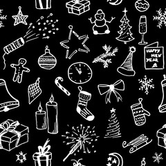 Merry Christmas. Christmas seamless pattern. Holiday background. Endless texture. Hand Drawn Doodles illustration. Black and white.