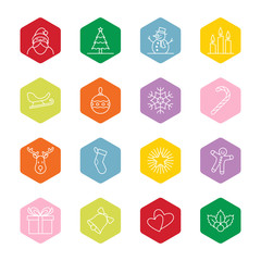 Christmas and new year icon set vector illustration - outline on colorful hexagon