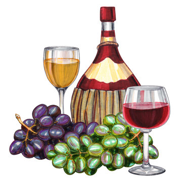 Wine set. Hand-drawn illustration of the wine bottle and wineglass