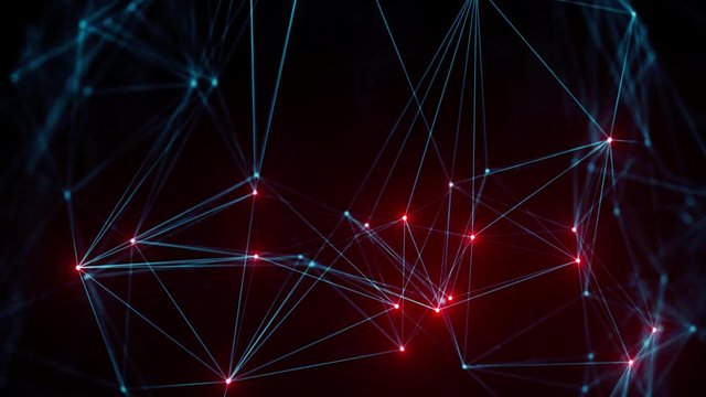 Loopable Abstract 3d rendering background. Polygonal form with bright dots. Plexus technology structure.  Triangular morphed geometry shape. Depth of field.
