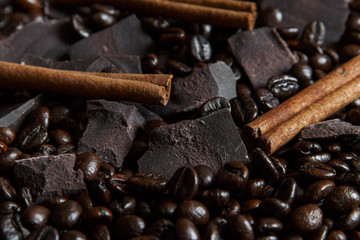 roasted coffee beans with chocolate and cinnamon close up
