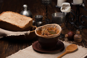 Traditional Ukrainian soup served in bread