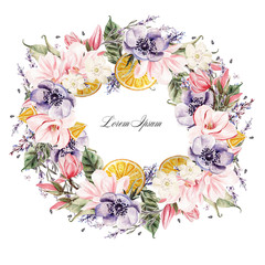 Beautiful watercolor wreath with lavender flowers, anemone, magnolia and orange fruits. Illustrations.