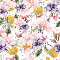 Fototapeta premium Colourful watercolor pattern with flowers of lavender, magnolia, anemones, and orange fruits. Illustrations.