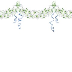 Elegant seamless garland of white flowers with satin ribbons  For wedding design of cards, Invitations, and posters. Watercolor background. Handmade drawing.