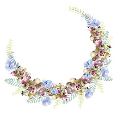 Beautiful watercolor wreath with eucalyptus branches and hydrangea flowers. saskatoon berries. Illustrations.