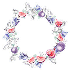Beautiful watercolor wreath with eucalyptus branches, flowers and fruits of figs. Illustrations.