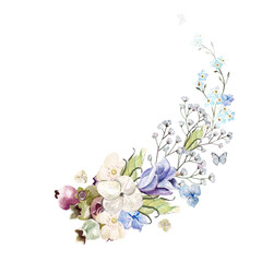 Beautiful watercolor branch with eustomiya, hydrangea and wild flowers. Illustrations.