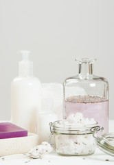 Fototapeta na wymiar Handmade Lavender Scrub With Coconut Oil. Lavender Tonic. Toilet
