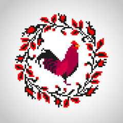 Red fire rooster embroidery as symbol of 2017 in floral traditio