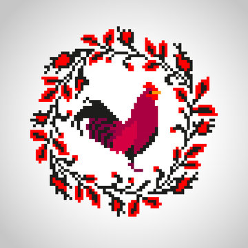 Red fire rooster embroidery as symbol of 2017 in floral traditio