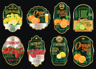 Set of organic fruit retro vintage golden labels collection - obrazy, fototapety, plakaty