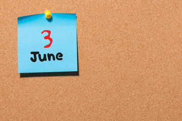 June 3rd. Day 3 of month, color sticker calendar on notice board. Summer time. Empty space for text